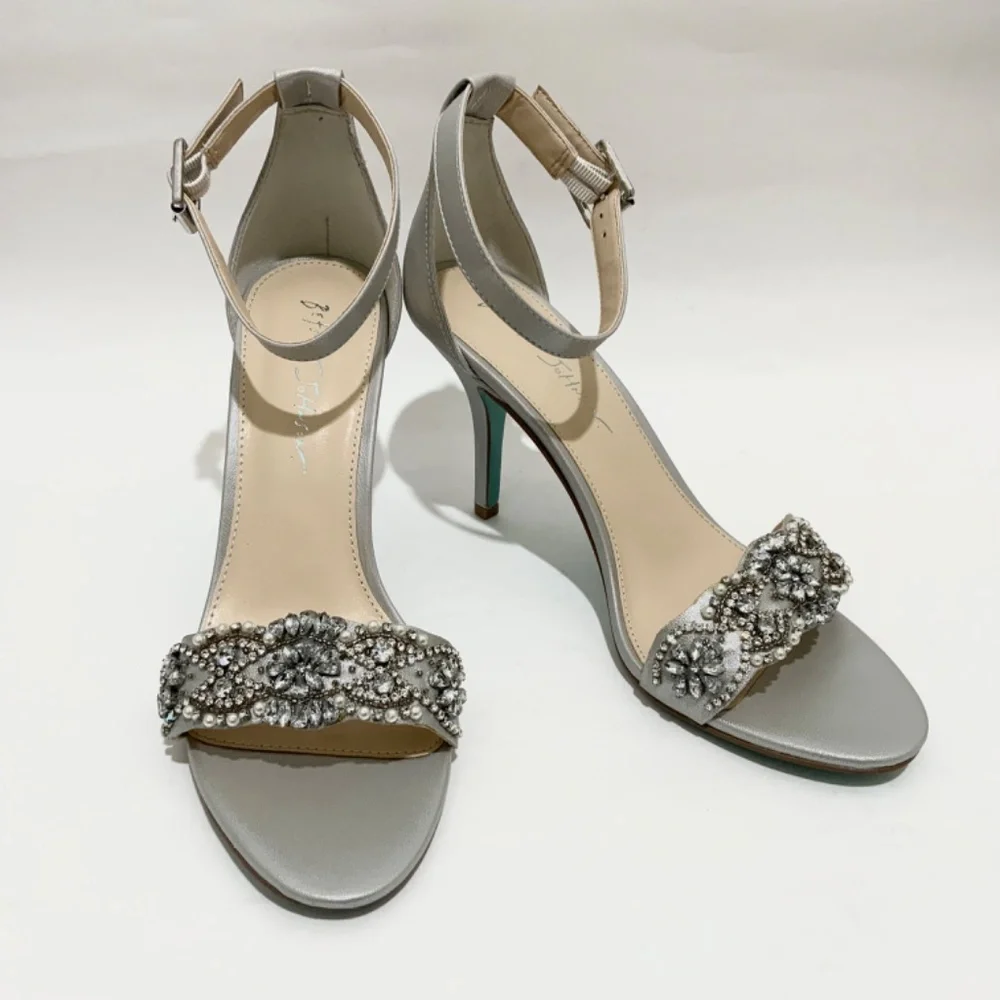 Betsey Johnson Gina Jeweled Ankle Strap Dress Sandals Silver Satin Stiletto Heel - Picture 5 of 14